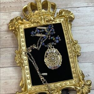 Gold Ornate Locket Pendant Necklace with Blue Accents signed Lane